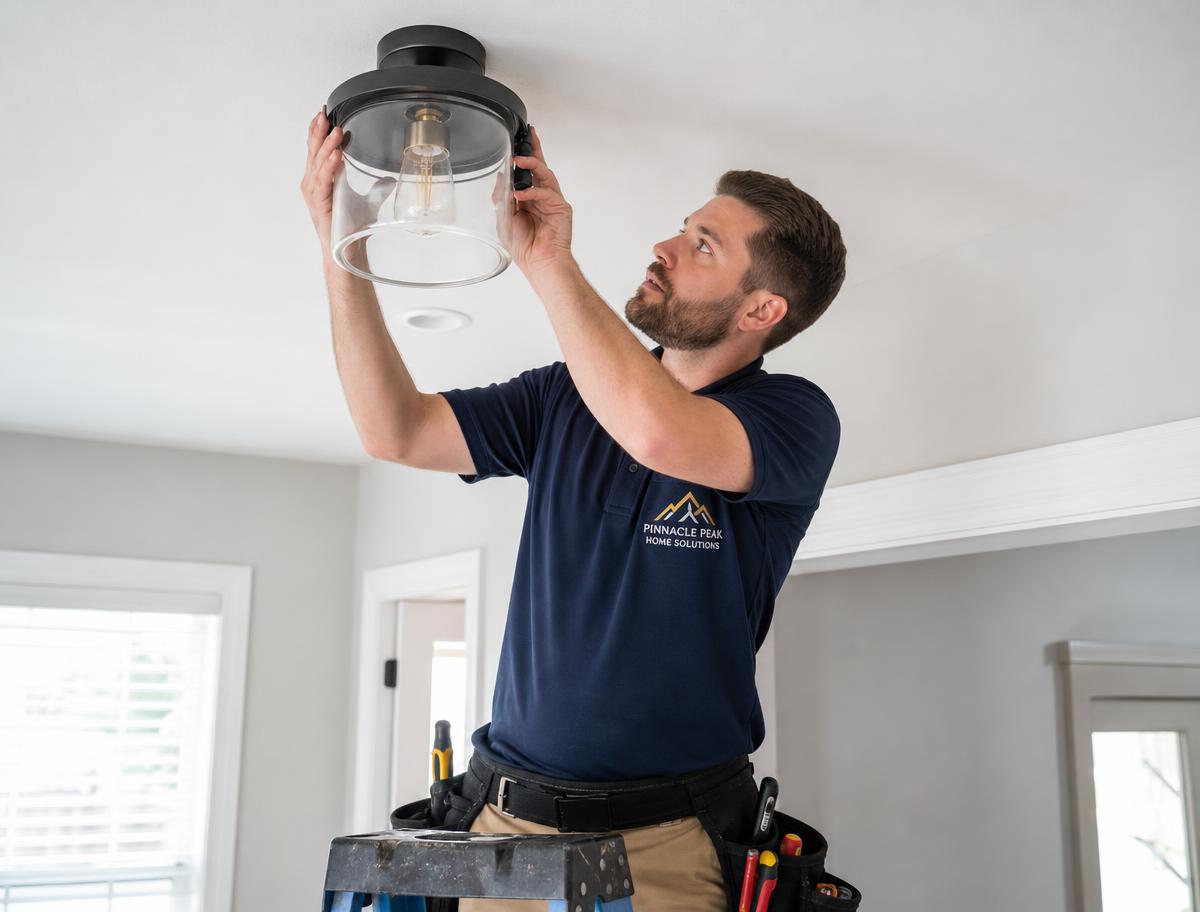 Handyman installing a light fixture